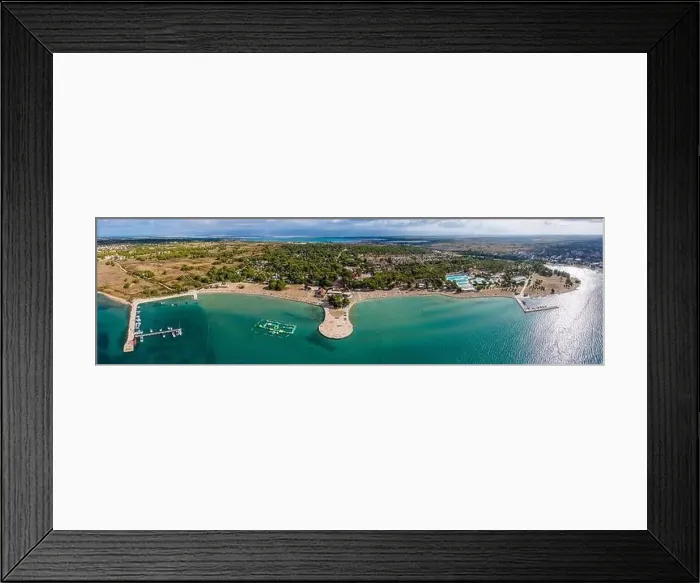 Framed Print : Zaton, Croatia - Aerial panoramic view of Zaton tourist waterfront with turquoise sea water Framed Print : Zaton, Croatia - Aerial panoramic view of Zaton tourist waterfront with turquoise sea water