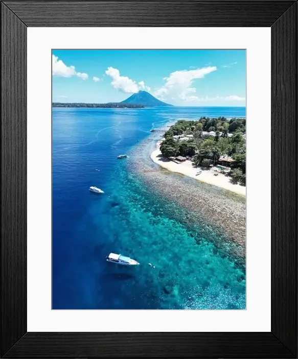 Framed Print : Indonesia Bunaken - Drone view Siladen Island with coral reef Framed Print : Indonesia Bunaken - Drone view Siladen Island with coral reef