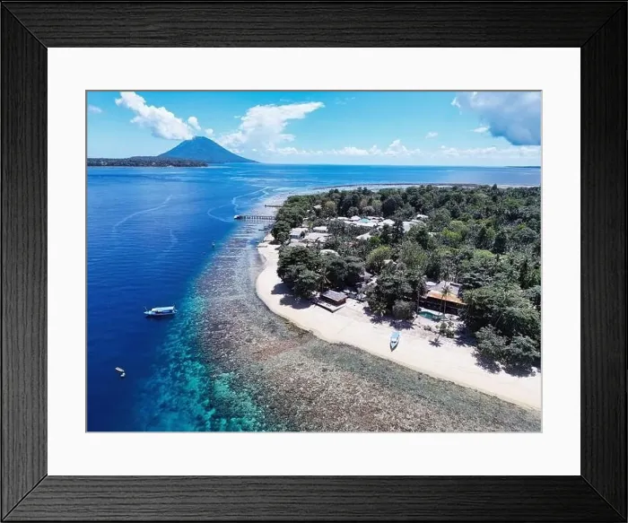 Framed Print : Indonesia Bunaken - Drone view Siladen Island with coral reef Framed Print : Indonesia Bunaken - Drone view Siladen Island with coral reef