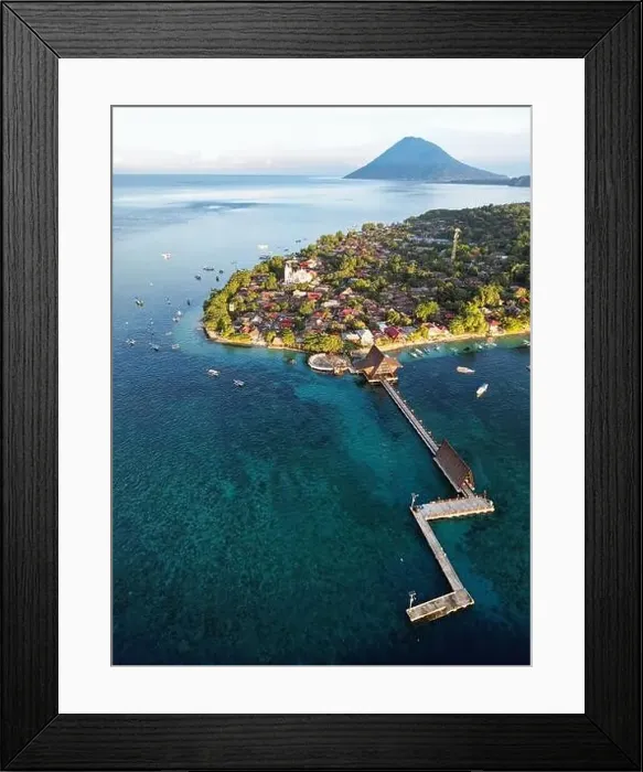 Framed Print : Indonesia Bunaken - Drone view Bunaken Island with coral reef jetty and Manadotua Island Framed Print : Indonesia Bunaken - Drone view Bunaken Island with coral reef jetty and Manadotua Island