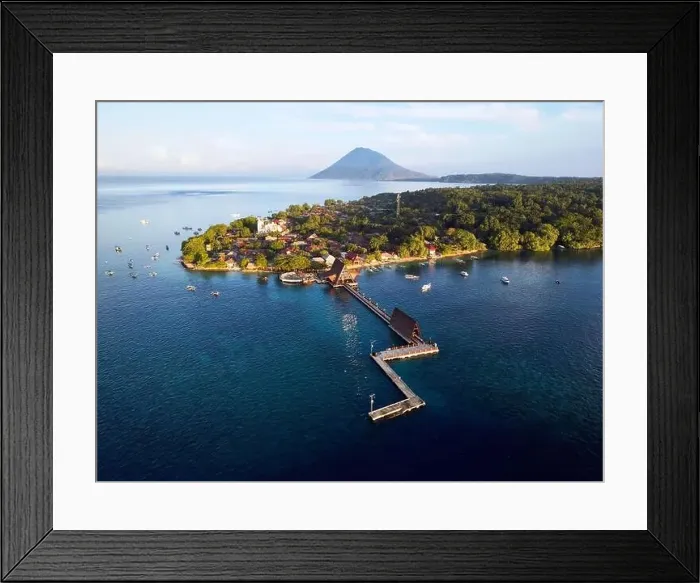 Framed Print : Indonesia Bunaken - Drone view Bunaken Island with coral reef jetty and Manadotua Island Framed Print : Indonesia Bunaken - Drone view Bunaken Island with coral reef jetty and Manadotua Island
