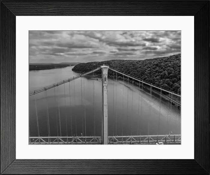 Framed Print : Black and white aerial photo of the Franklin Delano Roosevelt Mid-Hudson Bridge over the Hudson River, Poughkeepsie NY