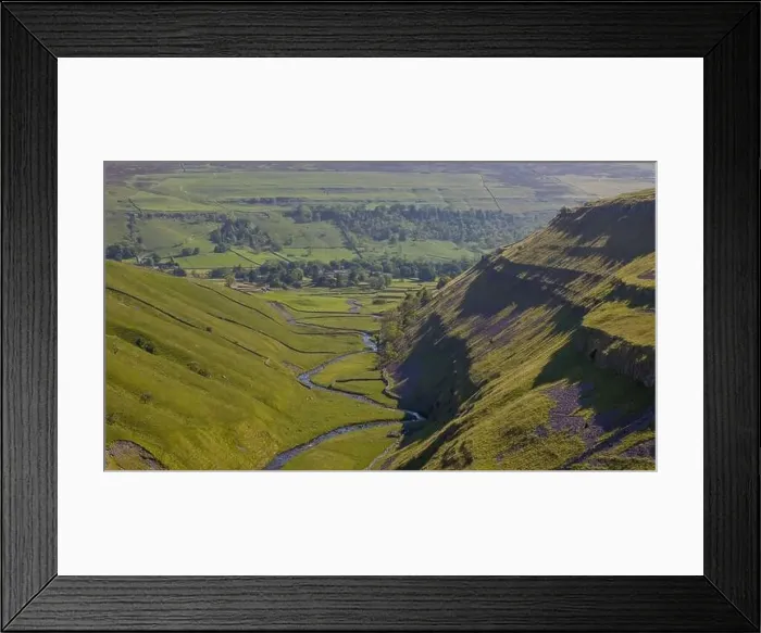 Framed Print : A lush landscape capturing the essence of Arncliffe with its meandering river through the green valley