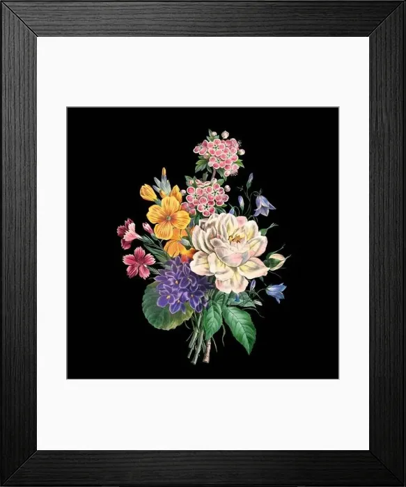 Framed Print : Colorful Blooming Flowers. A bouquet of flowers with lively colors on a black background. Ideal for a square format Framed Print : Colorful Blooming Flowers. A bouquet of flowers with lively colors on a black background. Ideal for a square format