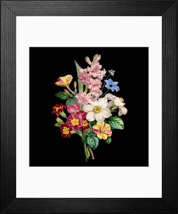 Framed Print : Colorful Blooming Flowers. A bouquet of flowers with lively colors on a black background. Ideal for a square format Framed Print : Colorful Blooming Flowers. A bouquet of flowers with lively colors on a black background. Ideal for a square format