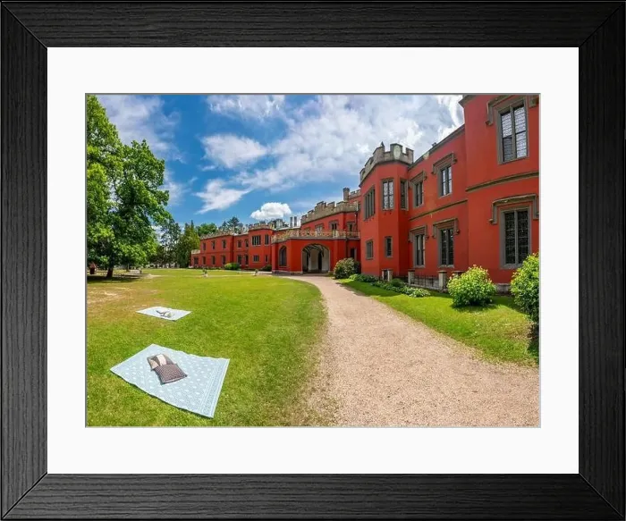 Framed Print : Romantic castle with red facade. Hradek u Nechanic. Czech Republic. Nechanice. Panoramic exterior view Framed Print : Romantic castle with red facade. Hradek u Nechanic. Czech Republic. Nechanice. Panoramic exterior view