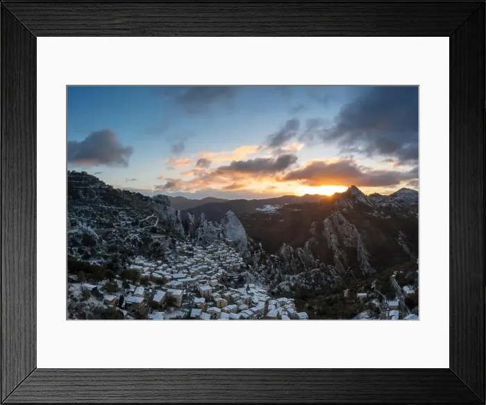 Framed Print : Drone view of Castelmezzano at sunrise in winter Framed Print : Drone view of Castelmezzano at sunrise in winter