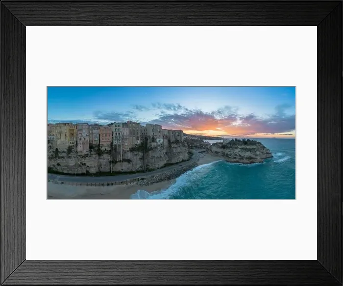 Framed Print : View of Rotonda Beach and the colourful old town of Tropea in Calabria at sunset Framed Print : View of Rotonda Beach and the colourful old town of Tropea in Calabria at sunset
