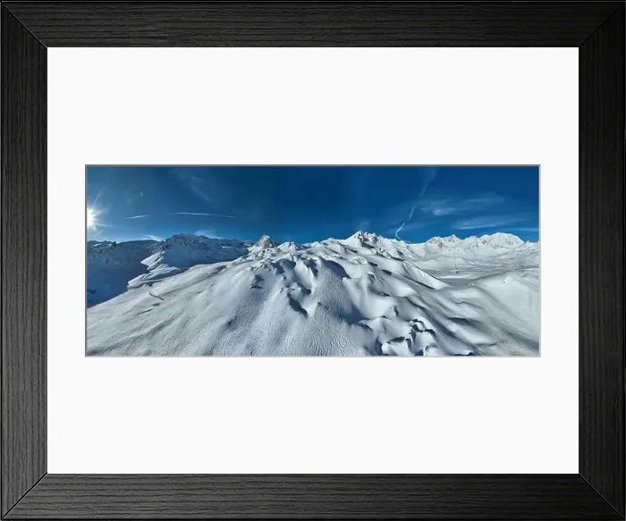 Framed Print : Winter drone shot of ski pistes and slopes covered with fresh powder snow in Tignes in Valdisere France