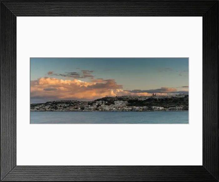 Framed Print : Panorama landscape view of Mellieha Bay in Malta at sunset Framed Print : Panorama landscape view of Mellieha Bay in Malta at sunset