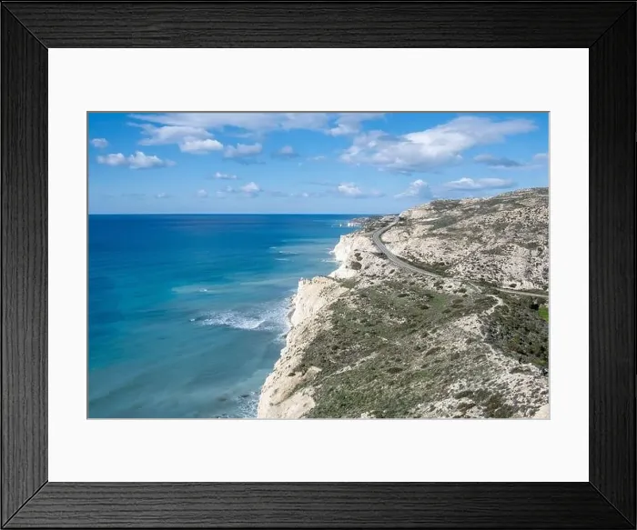 Framed Print : Drone aerial coastline route scenic. Blue sea cloudy sky. Paphos Cyprus Framed Print : Drone aerial coastline route scenic. Blue sea cloudy sky. Paphos Cyprus
