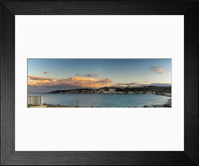 Framed Print : Panorama landscape view of Mellieha Bay in Malta at sunset Framed Print : Panorama landscape view of Mellieha Bay in Malta at sunset