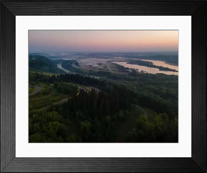 Framed Print : Landscape with thick forest and fog and long rivers at the sunset Framed Print : Landscape with thick forest and fog and long rivers at the sunset