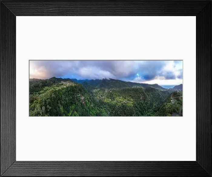 Framed Print : Madeira Island landscape, small village on hills and green lush forest. Aerial drone view. Portugal travel Framed Print : Madeira Island landscape, small village on hills and green lush forest. Aerial drone view. Portugal travel