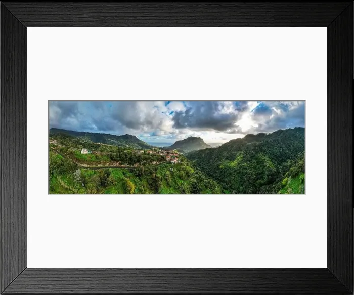 Framed Print : Madeira Island landscape, small village on hills and green lush forest. Aerial drone view. Portugal travel Framed Print : Madeira Island landscape, small village on hills and green lush forest. Aerial drone view. Portugal travel