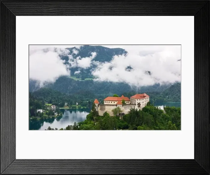 Framed Print : Stunning Drone Shot of Bled Castle at Lake Bled, Slovenia Framed Print : Stunning Drone Shot of Bled Castle at Lake Bled, Slovenia