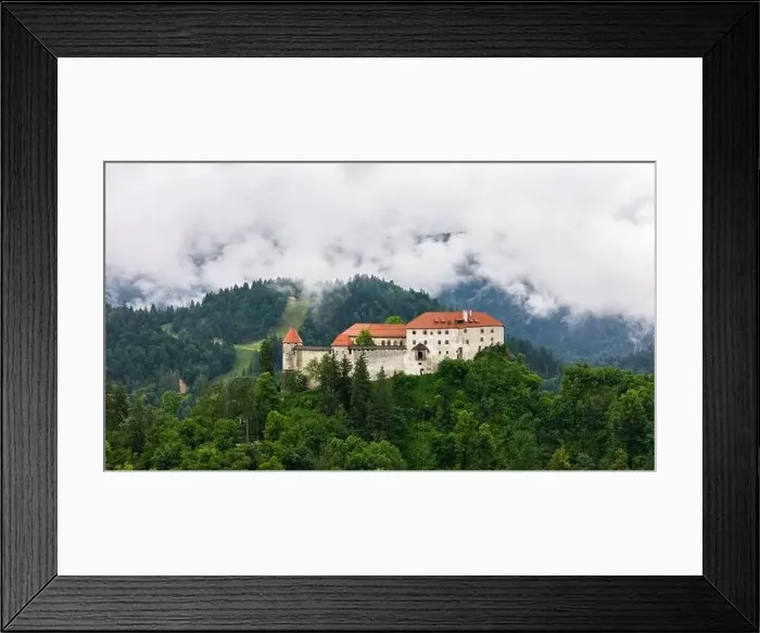 Framed Print : Aerial View of Bled Castle Overlooking Lake Bled in Summer Framed Print : Aerial View of Bled Castle Overlooking Lake Bled in Summer