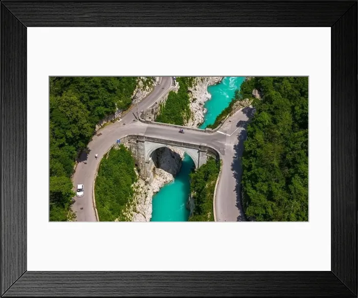 Framed Print : Drone View Capturing Napoleon Bridge Over Stunning Turquoise Soca River, Slovenia Framed Print : Drone View Capturing Napoleon Bridge Over Stunning Turquoise Soca River, Slovenia