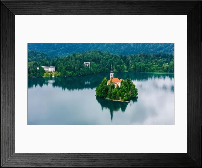 Framed Print : Drone Capture of Bled Church on a Foggy Summer Day Framed Print : Drone Capture of Bled Church on a Foggy Summer Day