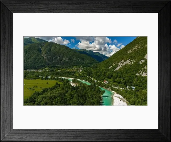 Framed Print : Beautiful Drone View of Soca River and Surrounding Mountains in Slovenia