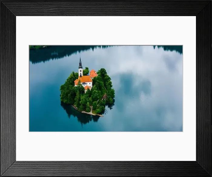 Framed Print : Aerial View of Lake Bled Church in Summer Fog Framed Print : Aerial View of Lake Bled Church in Summer Fog