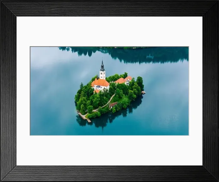 Framed Print : Misty Summer Morning Drone Shot of Bled Church Framed Print : Misty Summer Morning Drone Shot of Bled Church