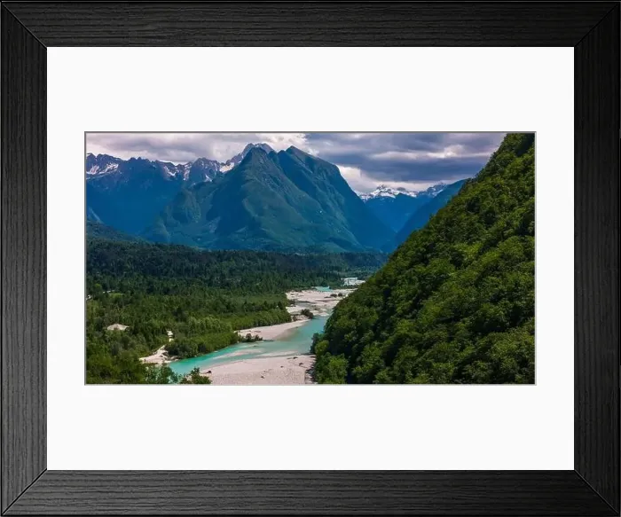Framed Print : Aerial Drone View of Soca River and Mountains Near Bovec, Slovenia Framed Print : Aerial Drone View of Soca River and Mountains Near Bovec, Slovenia