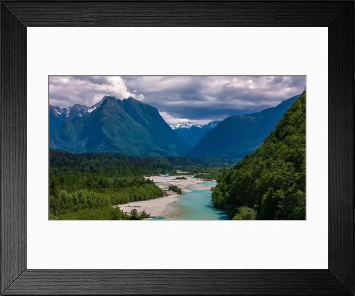 Framed Print : Soca River and Majestic Mountains Near Bovec, Slovenia: Aerial Perspective Framed Print : Soca River and Majestic Mountains Near Bovec, Slovenia: Aerial Perspective