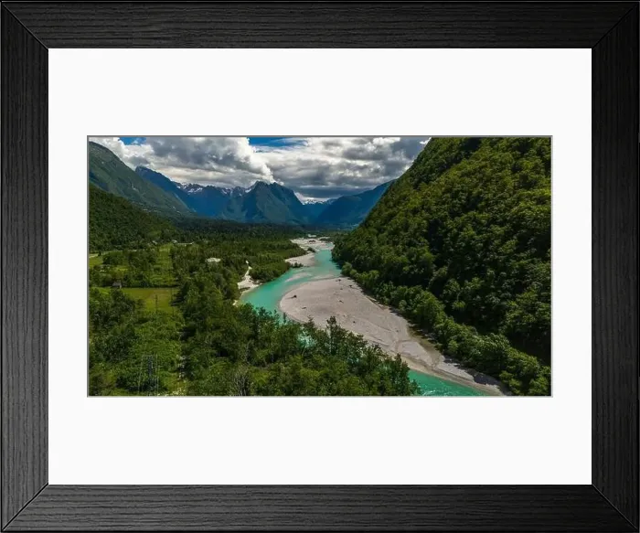 Framed Print : Majestic Soca River and Mountain Landscape Near Bovec, Slovenia: Aerial View Framed Print : Majestic Soca River and Mountain Landscape Near Bovec, Slovenia: Aerial View