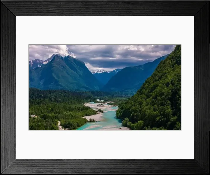 Framed Print : Stunning Drone Shot of Soca River with Mountains in Background, Bovec Framed Print : Stunning Drone Shot of Soca River with Mountains in Background, Bovec