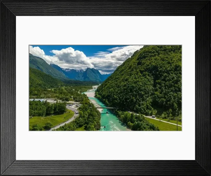 Framed Print : Scenic Aerial View of Soca River and Mountains Near Bovec, Slovenia