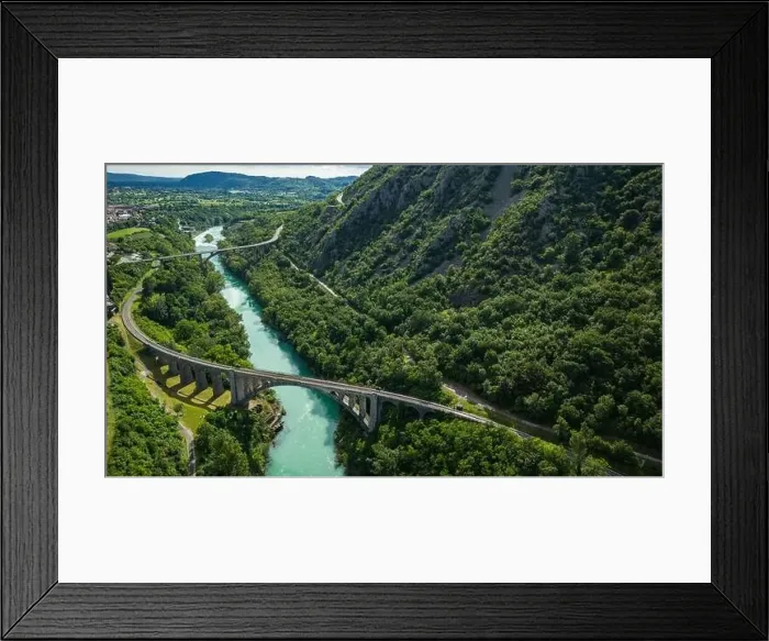 Framed Print : Aerial Shot of Solkan Rail Stone Bridge Over River Soca, Slovenia