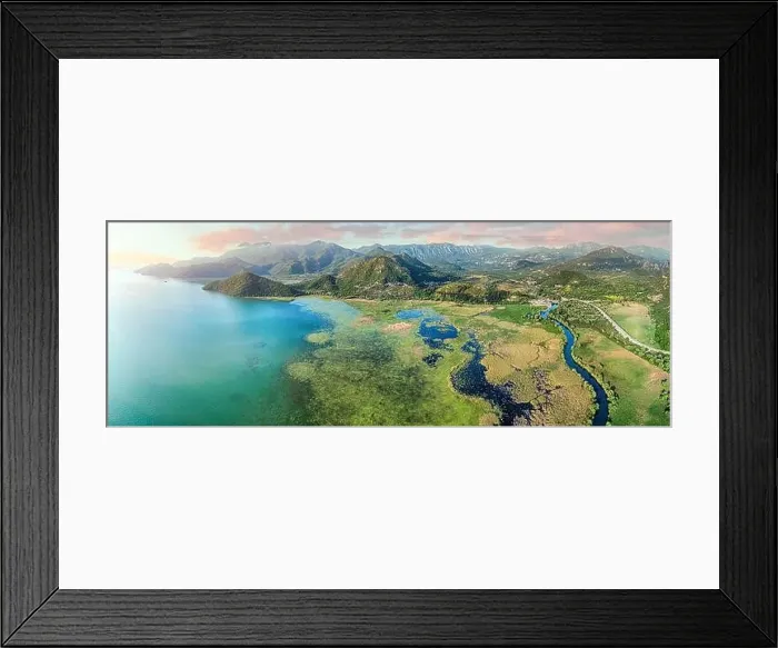 Framed Print : Scenic panorama of Skadarsko Lake with tranquil water and a picturesque sunrise Framed Print : Scenic panorama of Skadarsko Lake with tranquil water and a picturesque sunrise