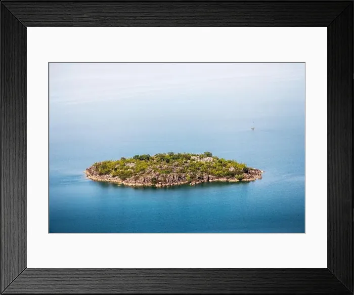 Framed Print : Aerial view of the island monastery on Lake Skadar, Montenegro, surrounded by pristine blue waters Framed Print : Aerial view of the island monastery on Lake Skadar, Montenegro, surrounded by pristine blue waters