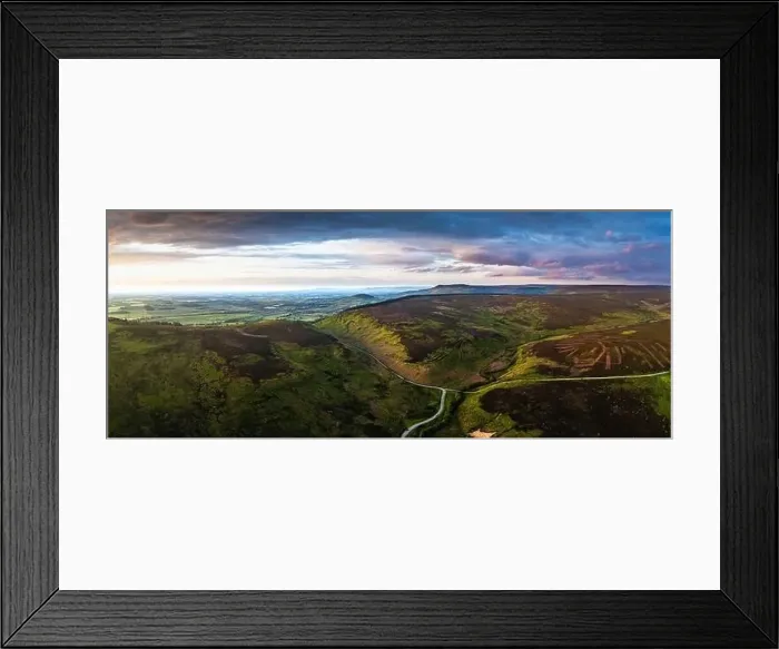 Framed Print : Panorama of Sunset over Cod Beck Reservoir from a drone, North York Moors National Park, North Yorkshire, England Framed Print : Panorama of Sunset over Cod Beck Reservoir from a drone, North York Moors National Park, North Yorkshire, England