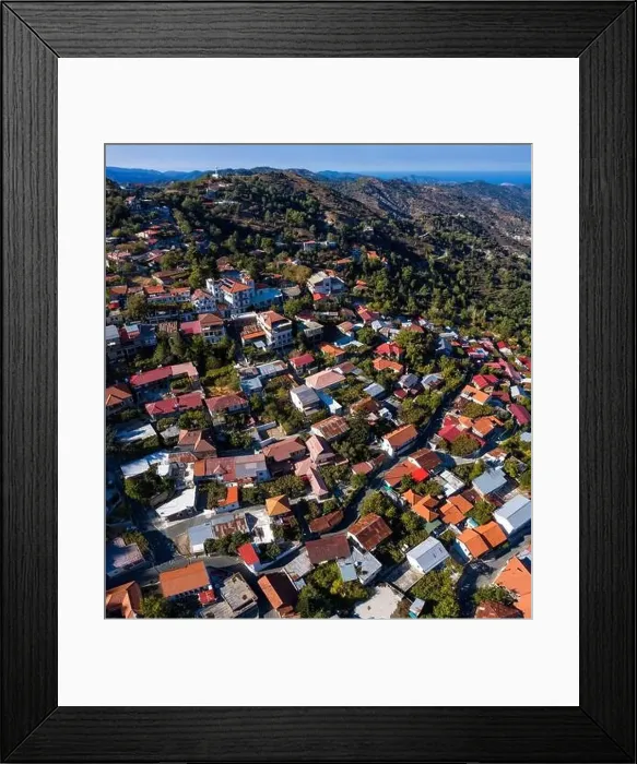 Framed Print : Drone photography showcasing the charming architecture and peaceful atmosphere of a Pedoulas village Framed Print : Drone photography showcasing the charming architecture and peaceful atmosphere of a Pedoulas village