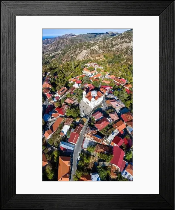 Framed Print : Aerial view of a traditional village of Pedoulas with a church in the mountains Framed Print : Aerial view of a traditional village of Pedoulas with a church in the mountains