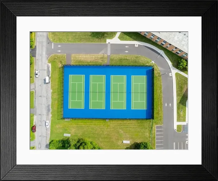 Framed Print : Aerial, drone, photo of new outdoor green tennis courts with white lines and blue out of bounds area Framed Print : Aerial, drone, photo of new outdoor green tennis courts with white lines and blue out of bounds area