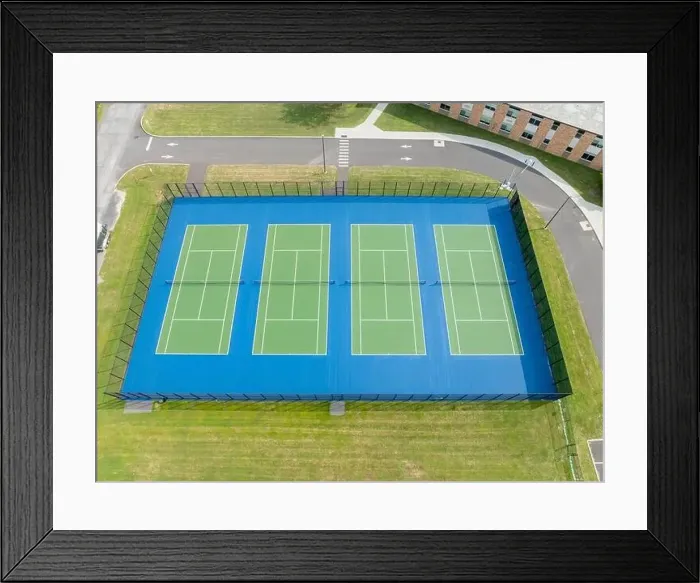 Framed Print : Aerial, drone, photo of new outdoor green tennis courts with white lines and blue out of bounds area Framed Print : Aerial, drone, photo of new outdoor green tennis courts with white lines and blue out of bounds area