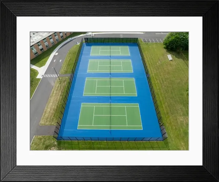 Framed Print : Aerial, drone, photo of new outdoor green tennis courts with white lines and blue out of bounds area Framed Print : Aerial, drone, photo of new outdoor green tennis courts with white lines and blue out of bounds area