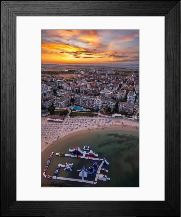 Framed Print : Aerial view to a sea resort Ravda, Bulgaria and beautiful sunset Framed Print : Aerial view to a sea resort Ravda, Bulgaria and beautiful sunset
