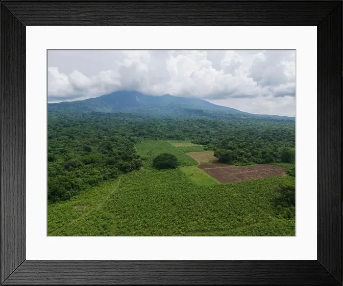 Framed Print : Farm agriculture field on volcano bottom with white clouds aerial view Framed Print : Farm agriculture field on volcano bottom with white clouds aerial view