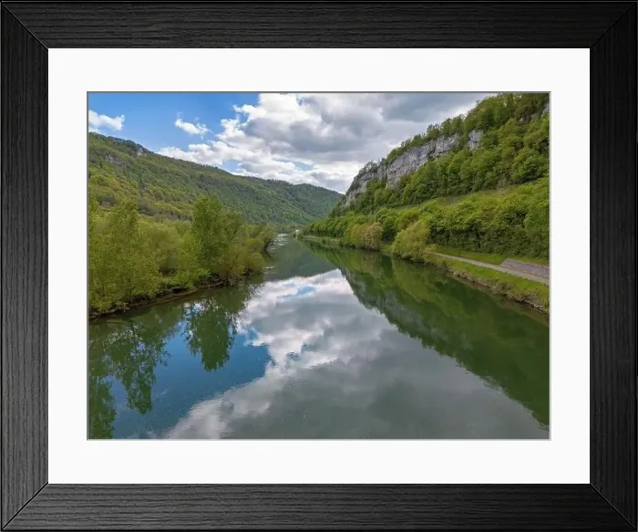 Framed Print : Landscape with fields, mountains and river in France near Besancon in spring, Franche-Comte Framed Print : Landscape with fields, mountains and river in France near Besancon in spring, Franche-Comte