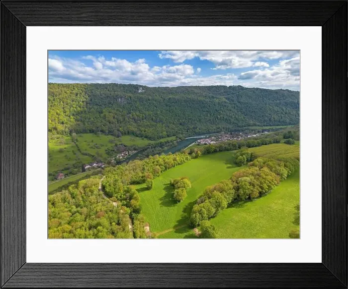 Framed Print : Landscape with fields, mountains and river in France near Besancon in spring, Franche-Comte Framed Print : Landscape with fields, mountains and river in France near Besancon in spring, Franche-Comte