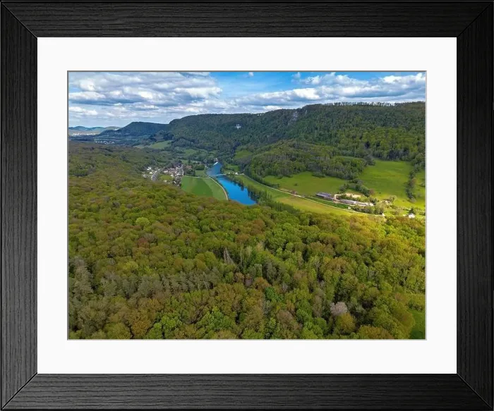 Framed Print : Landscape with fields, mountains and river in France near Besancon in spring, Franche-Comte Framed Print : Landscape with fields, mountains and river in France near Besancon in spring, Franche-Comte