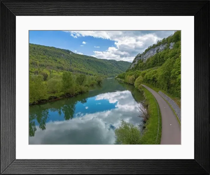 Framed Print : Landscape with fields, mountains and river in France near Besancon in spring, Franche-Comte Framed Print : Landscape with fields, mountains and river in France near Besancon in spring, Franche-Comte