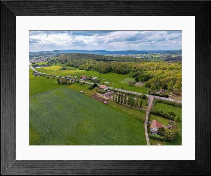 Framed Print : Landscape with fields, mountains and river in France near Besancon in spring, Franche-Comte Framed Print : Landscape with fields, mountains and river in France near Besancon in spring, Franche-Comte