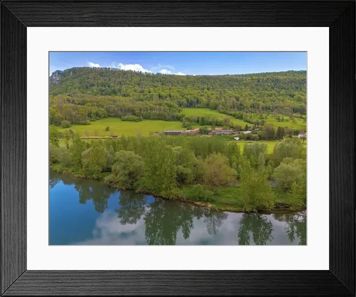 Framed Print : Landscape with fields, mountains and river in France near Besancon in spring, Franche-Comte Framed Print : Landscape with fields, mountains and river in France near Besancon in spring, Franche-Comte