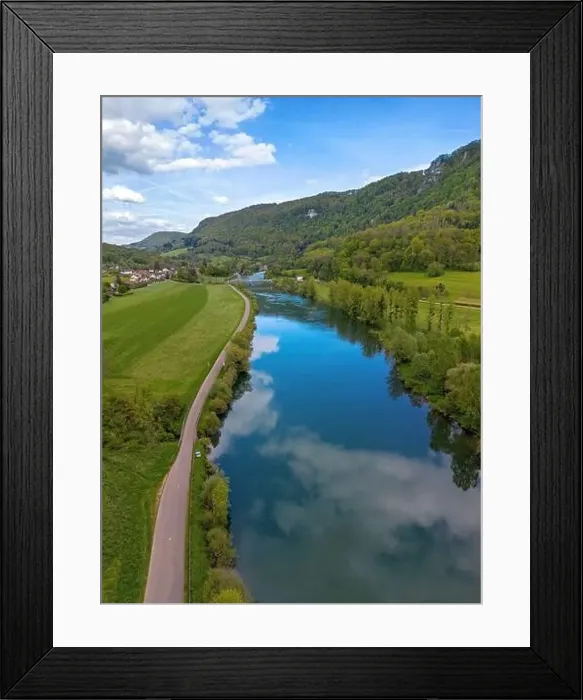 Framed Print : Landscape with fields, mountains and river in France near Besancon in spring, Franche-Comte Framed Print : Landscape with fields, mountains and river in France near Besancon in spring, Franche-Comte