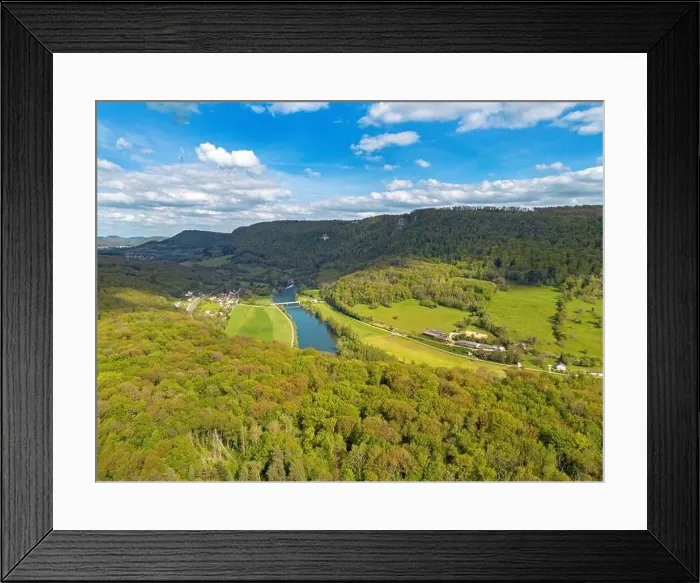 Framed Print : Landscape with fields, mountains and river in France near Besancon in spring, Franche-Comte Framed Print : Landscape with fields, mountains and river in France near Besancon in spring, Franche-Comte